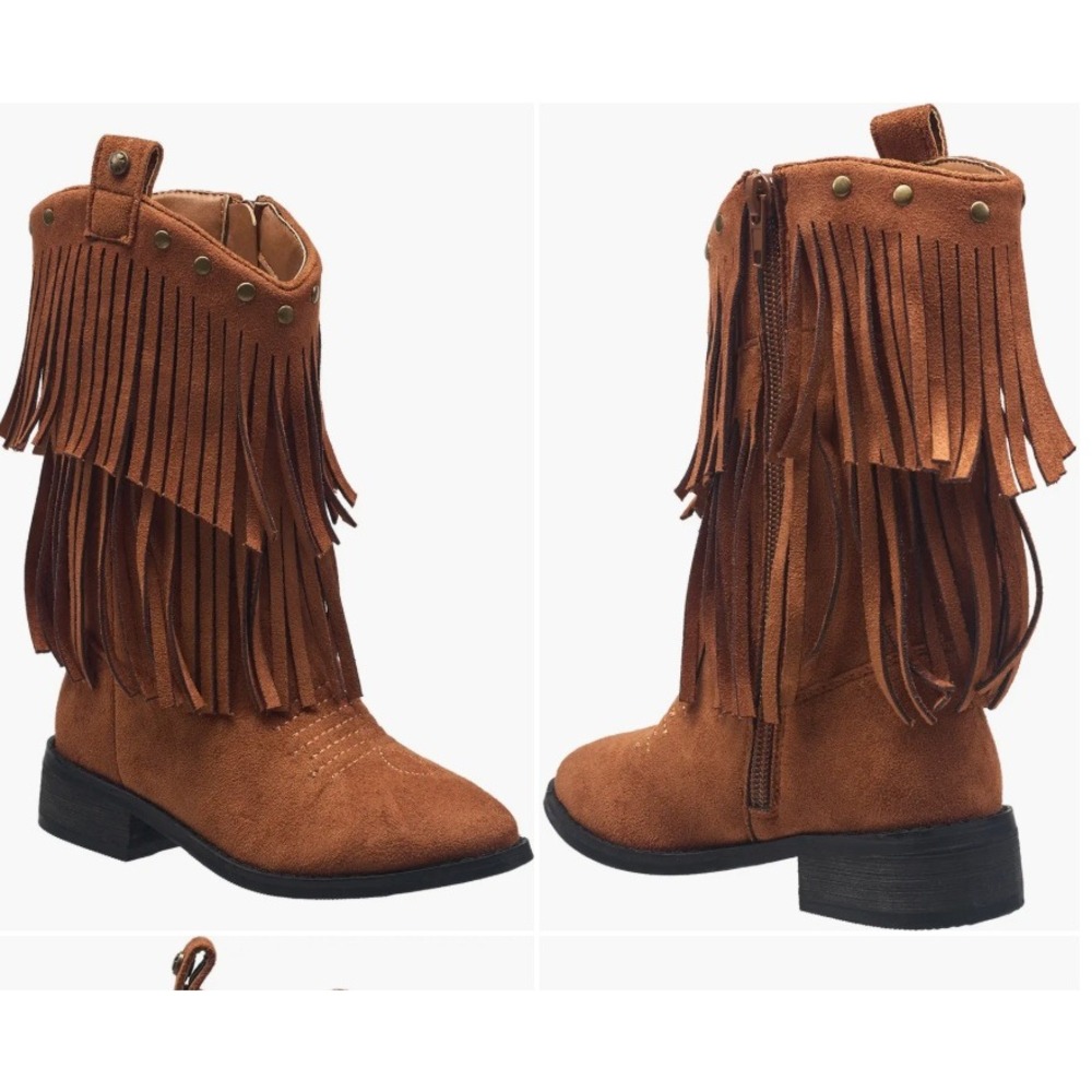 Lucky‎ Brand Kids Cognac Brown Suede Fringe Cowgirl Western Boots Studded Zip 3
